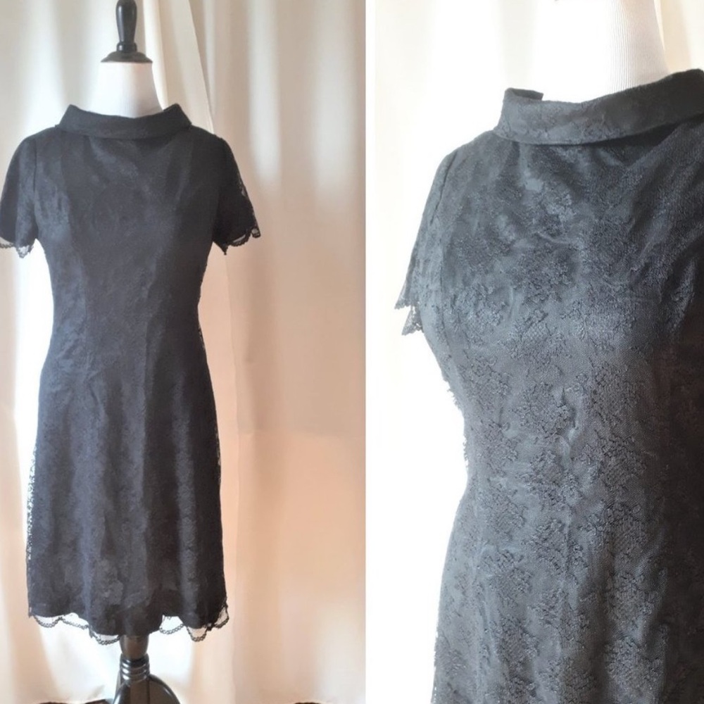 Vintage 1960s Black Lace Wide Collar Dress Size Large